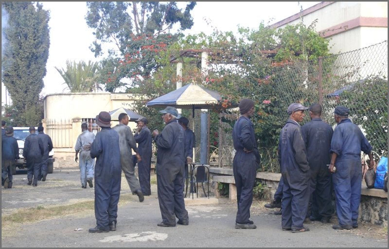 Als Bhnler trgt man einen blauen Overall und bespricht sich vor Abfahrt in Asmara noch mit den Kollegen. (31.10.2008)