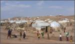 Wir fahren mit unserem Zug mitten durch ein somalisches Flchtlingslager und werden von den Kindern wie berall frhlich begrsst. (30.10.2008)